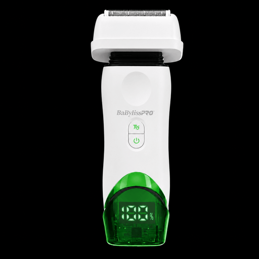 BaBylissPRO x Tomb45 white double-foil shaver FXT45FSTW, front view with green display