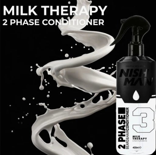 Nishman 2-Phase Milk Therapy conditioner bottle with a milk splash graphic