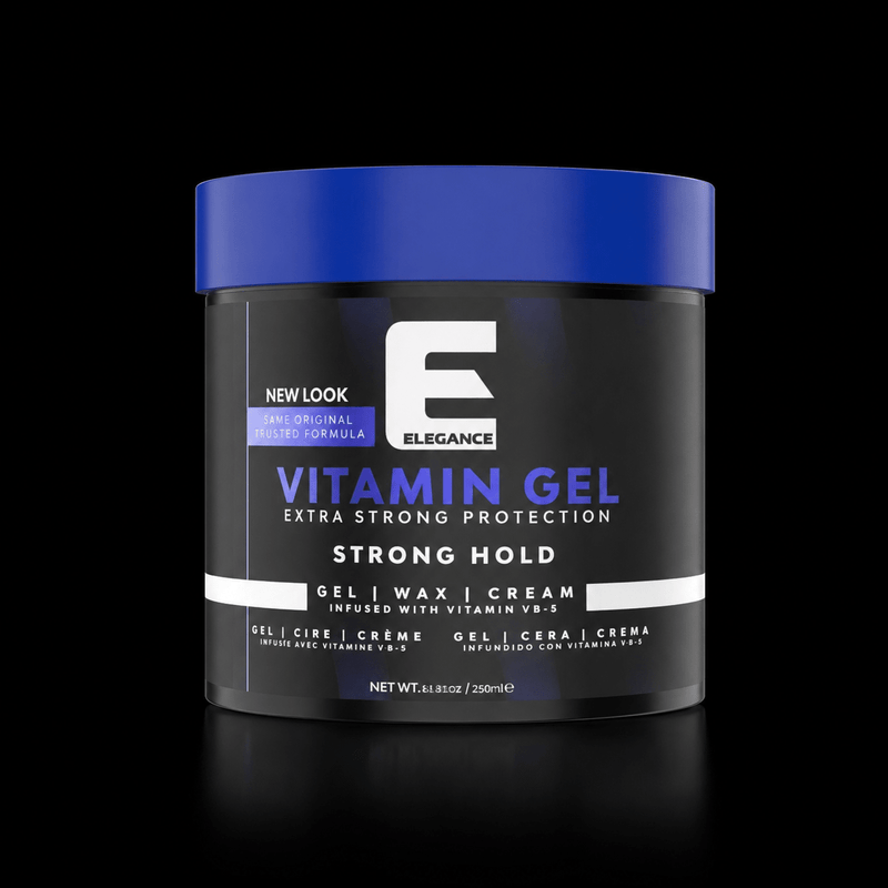 Elegance Vitamin Gel container with blue lid on a black background