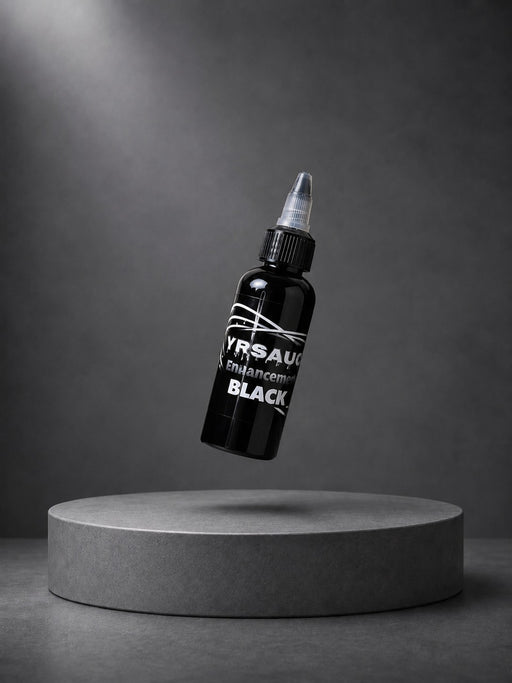 YR Sauce Enhancement Black 2oz bottle floating above a grey display pedestal