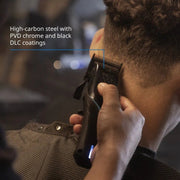 Person using a razor on another person's neck with text about high-carbon steel and coatings.