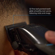 Hair trimmer being used on a person's head with text highlighting its features.