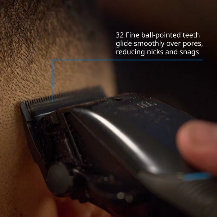 Hair trimmer being used on a person's head with text highlighting its features.