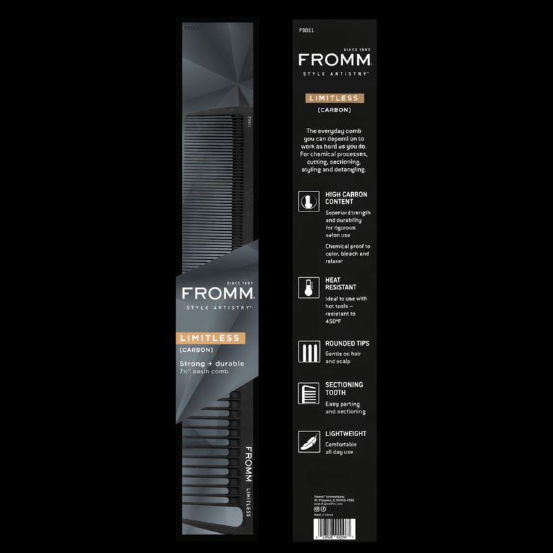 Fromm Limitless 7.5" Carbon Cutting Comb – packaging details and features