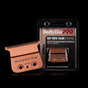 Rose gold T-blade for BaBylissPRO hair cutting system with packaging on a black background