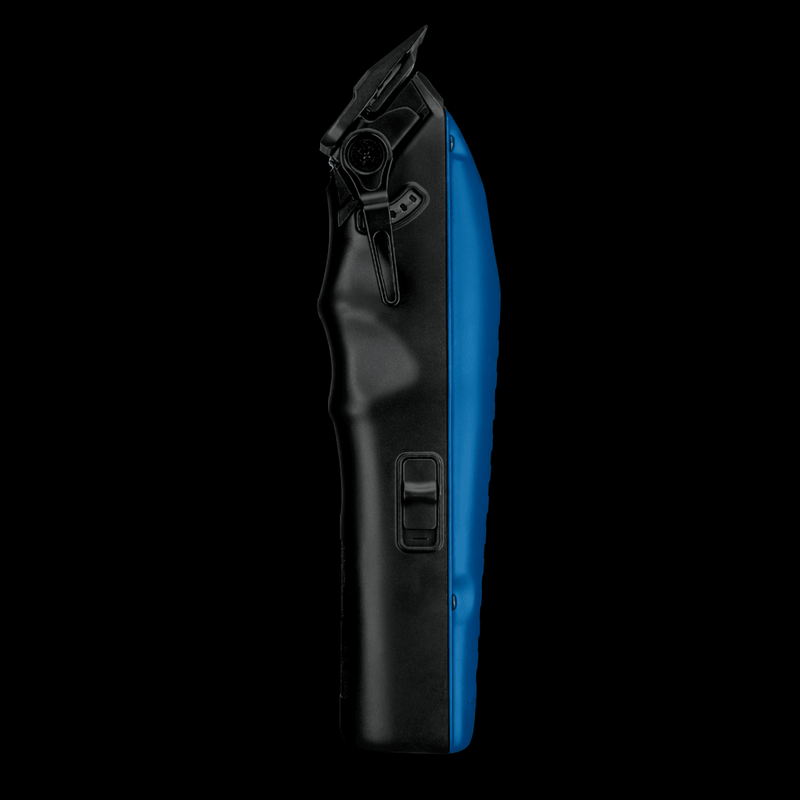 Black and blue hair clipper on a black background