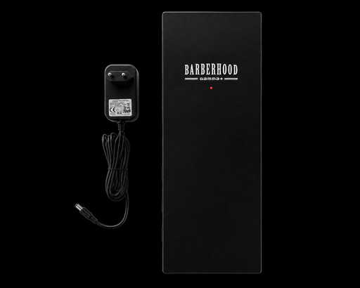 Black electronic device with 'Barberhood' branding on a black background