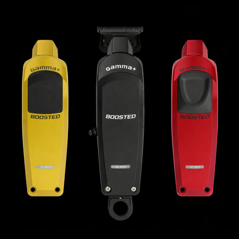 Gamma Plus Boosted cordless hair trimmer set in yellow black and red color options