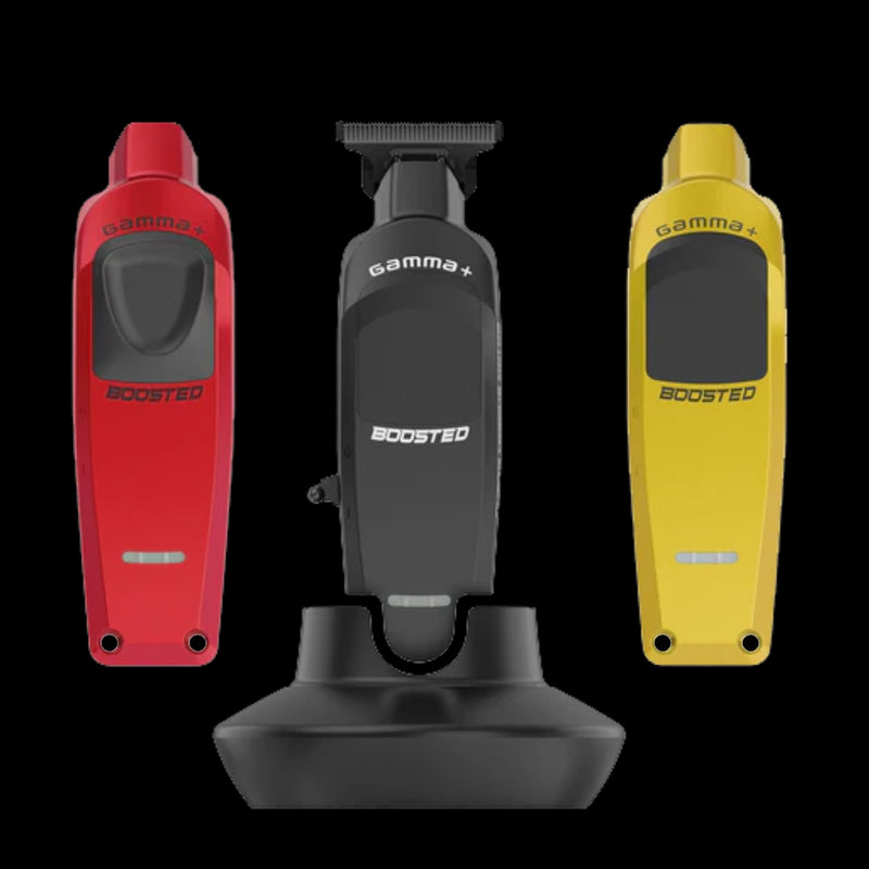 Gamma Plus Boosted cordless hair trimmer set in yellow black and red color options black trimmer charging 
