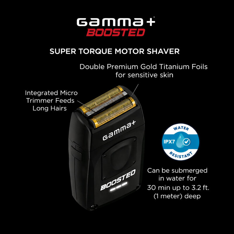 Gamma+ Boosted super torque motor shaver with features highlighted on a black background