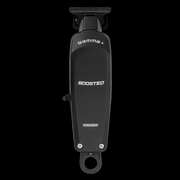 Gamma Plus Boosted cordless hair trimmer black edition front view with DLC blade