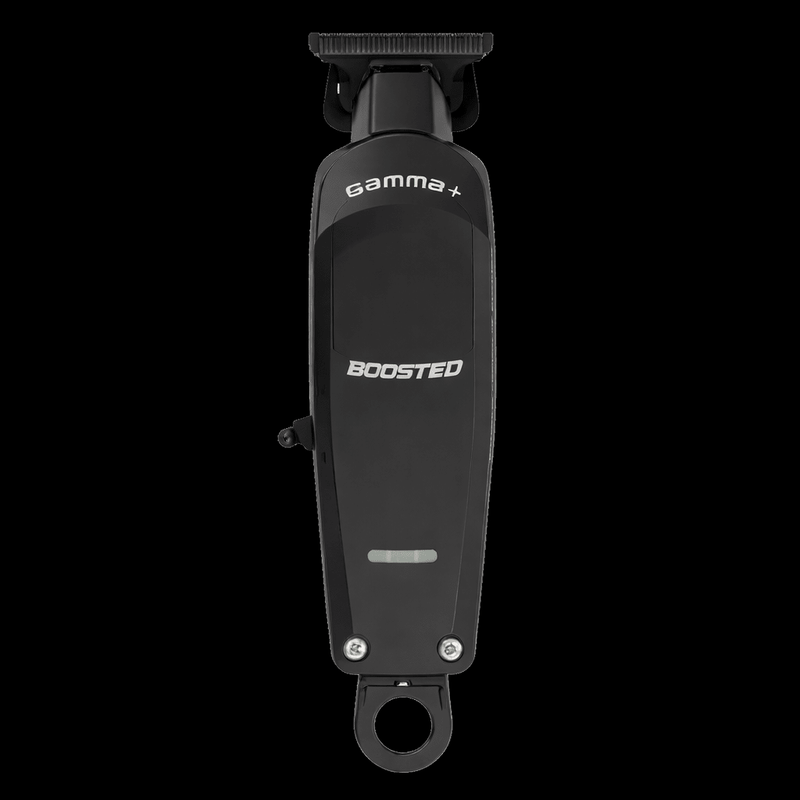 Gamma Plus Boosted cordless hair trimmer black edition front view with DLC blade