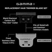 Gamma+ Classic X-Pro replacement trimmer blade set black and silver on black background