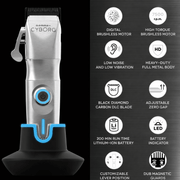 gamma cyborg clipper on charging stand next to stats with a black background