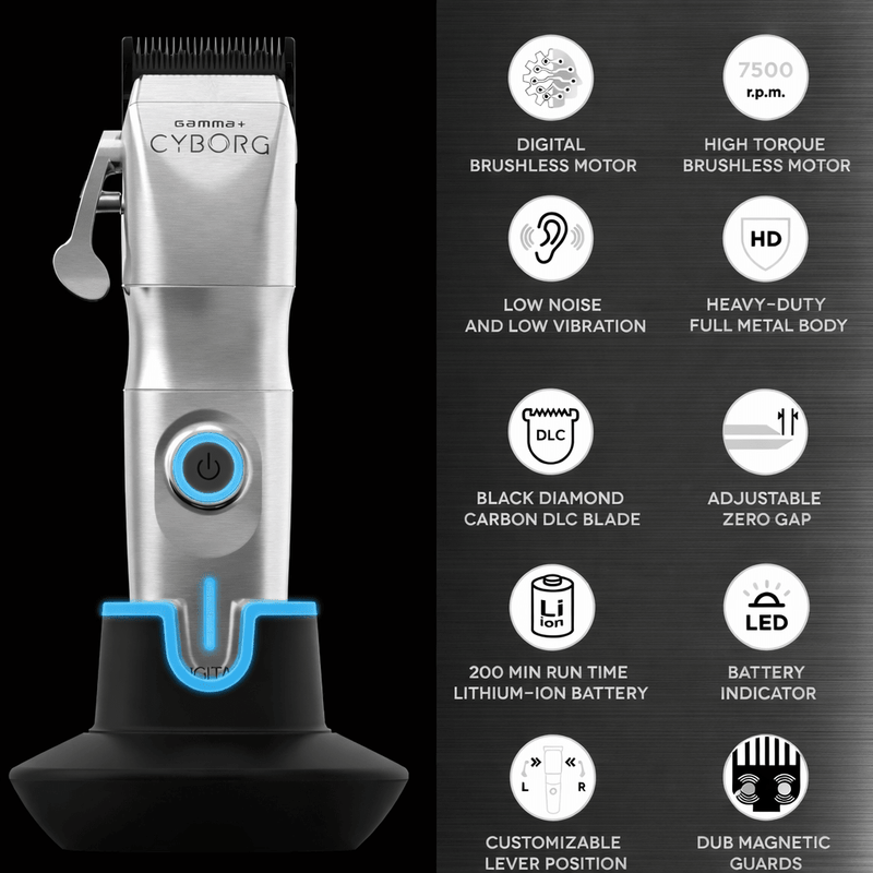 gamma cyborg clipper on charging stand next to stats with a black background