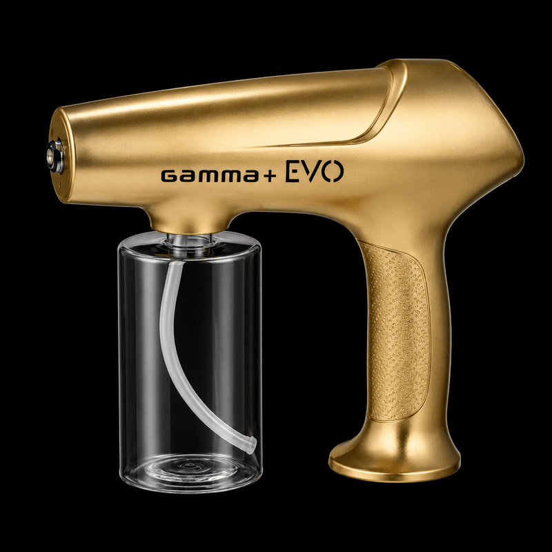 Gold spray gun with clear container on a black background, featuring 'gamma+ EVO' branding.