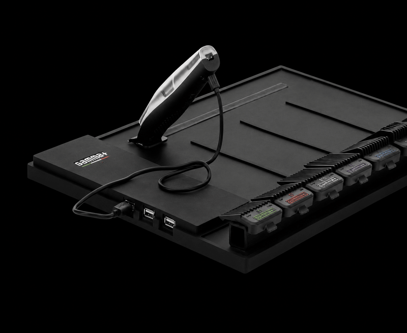 Gamma+ barber station organizer mat with USB cable hub and clipper guard storage