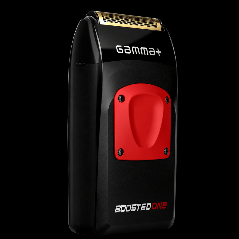 Gamma+ Boosted One Foil Shaver angled three-quarter view showing Gamma+ logo and gold foil head