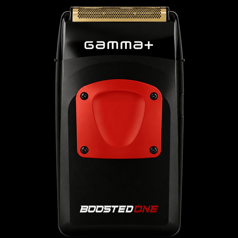Gamma+ Boosted One Foil Shaver front view – black body with red plate and gold titanium foil head