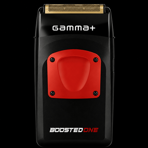 Gamma+ Boosted One Foil Shaver front view – black body with red plate and gold titanium foil head
