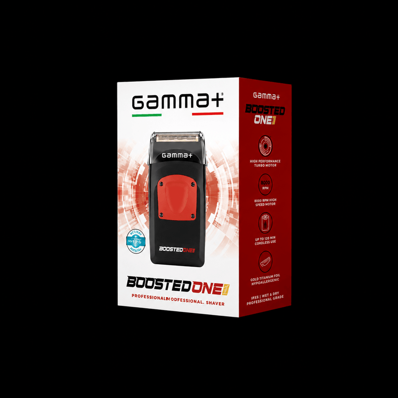 Gamma+ Boosted One Foil Shaver retail box – 8000 RPM turbo motor, 120 min cordless, gold titanium foil