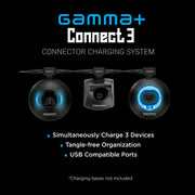 Gamma+ Connect3 charging system infographic showing simultaneous charging and USB compatibility
