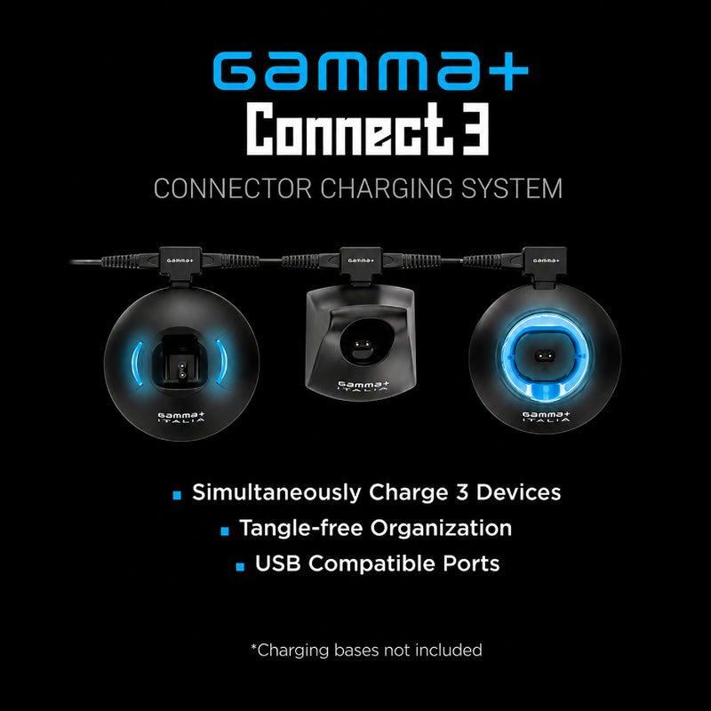 Gamma+ Connect3 charging system infographic showing simultaneous charging and USB compatibility