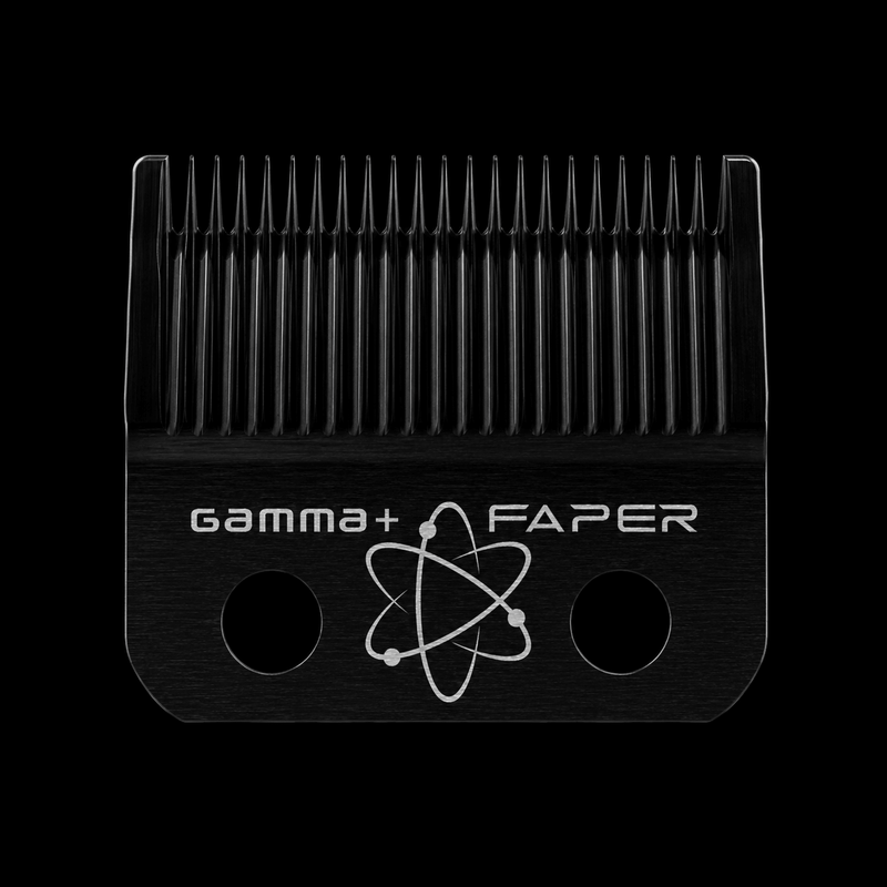 Black hair clipper comb with Gamma Faper branding on a black background