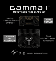Gamma+ T1000 Echo Fade Blade Set – features highlighted on black background
