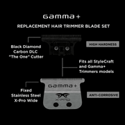 Gamma+ replacement hair trimmer blade set with black diamond carbon DLC cutter and fixed stainless steel X-Pro wide blade on a black background.