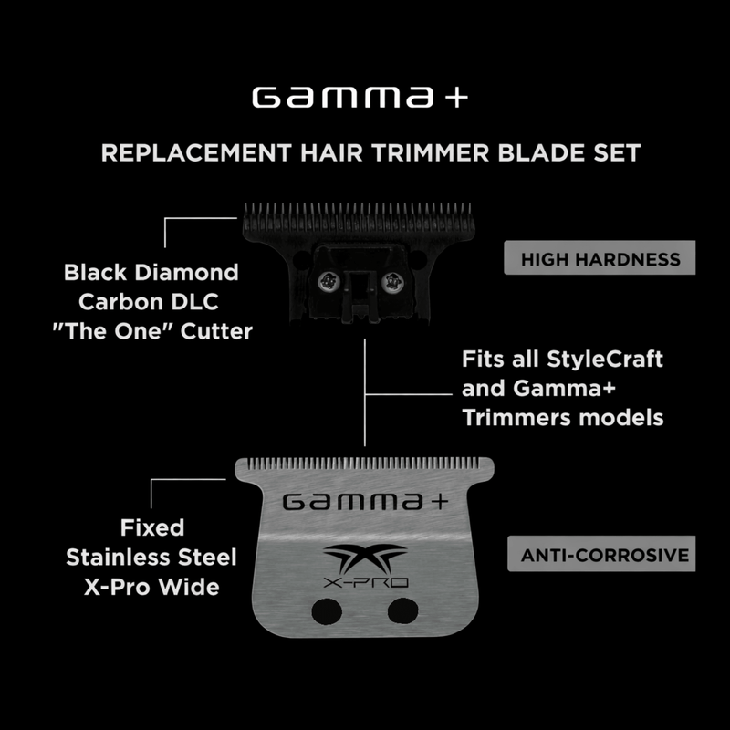 Gamma+ replacement hair trimmer blade set with black diamond carbon DLC cutter and fixed stainless steel X-Pro wide blade on a black background.