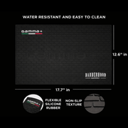 Black grooming mat with Gamma+ and Barberhood branding, showing dimensions and material details.