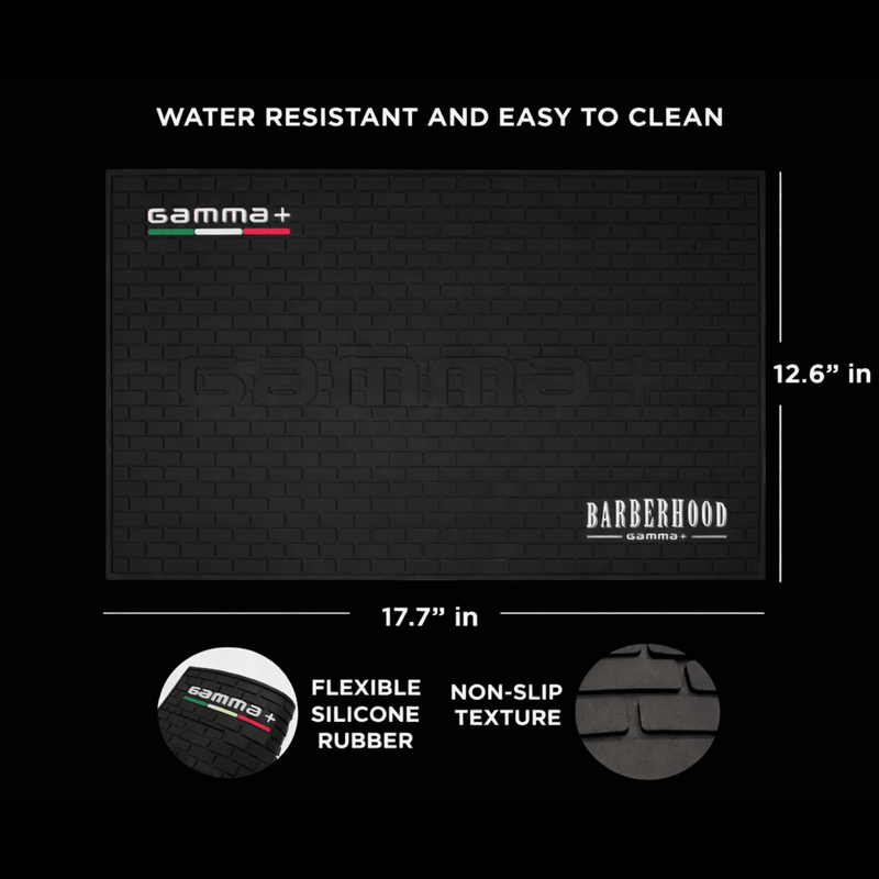 Black grooming mat with Gamma+ and Barberhood branding, showing dimensions and material details.