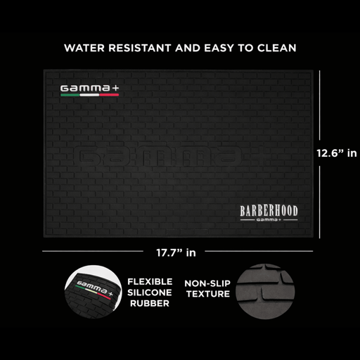 Black grooming mat with Gamma+ and Barberhood branding, showing dimensions and material details.