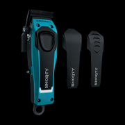 Blue and black hair trimmer with attachments on a black background