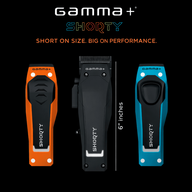Three Gamma+ Shorty hair clippers on a black background with text about size and performance.