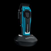 Blue and black hair clipper on a black background
