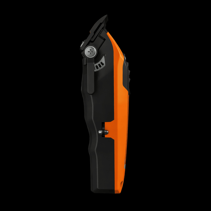 Orange and black power tool on a white background