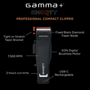Gamma+ Shorty professional compact clipper with features highlighted on a black background