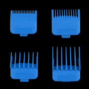 Four blue hair clipper comb attachments on a black background