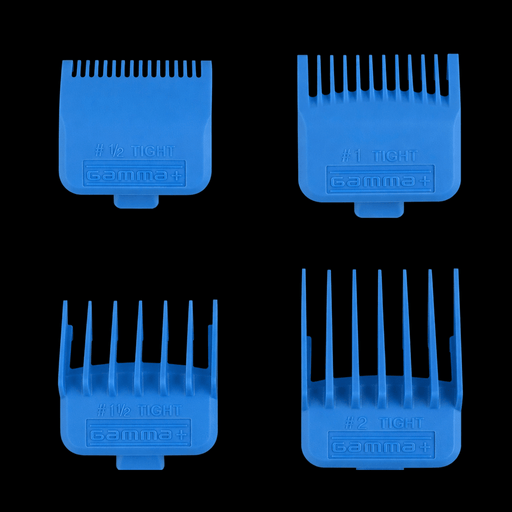 Four blue hair clipper comb attachments on a black background