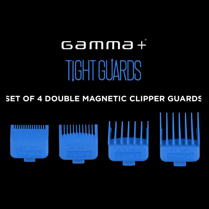 Set of 4 double magnetic clipper guards with Gamma+ branding on a black background