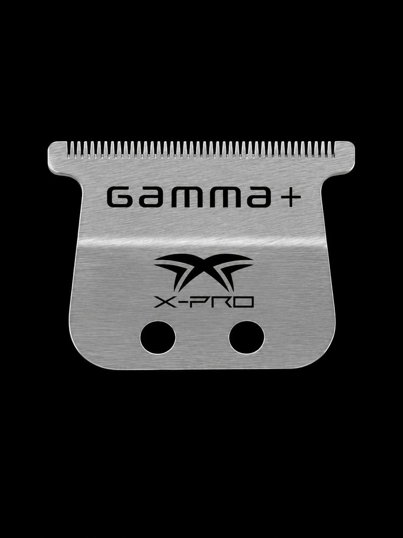 Gamma+ X-Pro stainless steel trimmer blade on black background