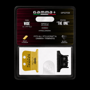 Gamma+ trimmer head packaging with gold blade and black comb on a black background