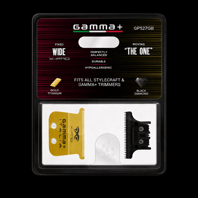Gamma+ trimmer head packaging with gold blade and black comb on a black background