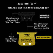 Gamma+ replacement hair trimmer blade set with black and gold components on a black background.