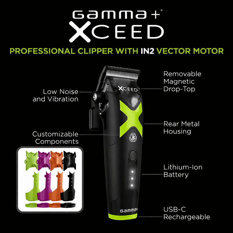 Gamma XCEED professional clipper with features highlighted on a black background
