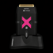 Black electric shaver with pink 'X' design on a black background