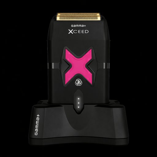 Black electric shaver with pink 'X' design on a black background