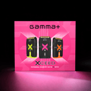 Gamma+ Xceed shaver packaging with three different models on a pink background